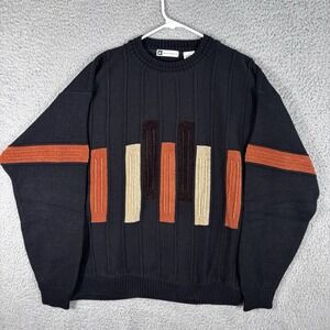 Vintage 3D Knit Sweater Men L Black Vertical Bars 90s Crewneck Bachrach Made USA